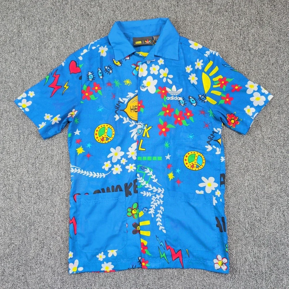 Adidas x Pharrell Williams Hu Awaken Graphic Button Down Shirt XS Blue Festival